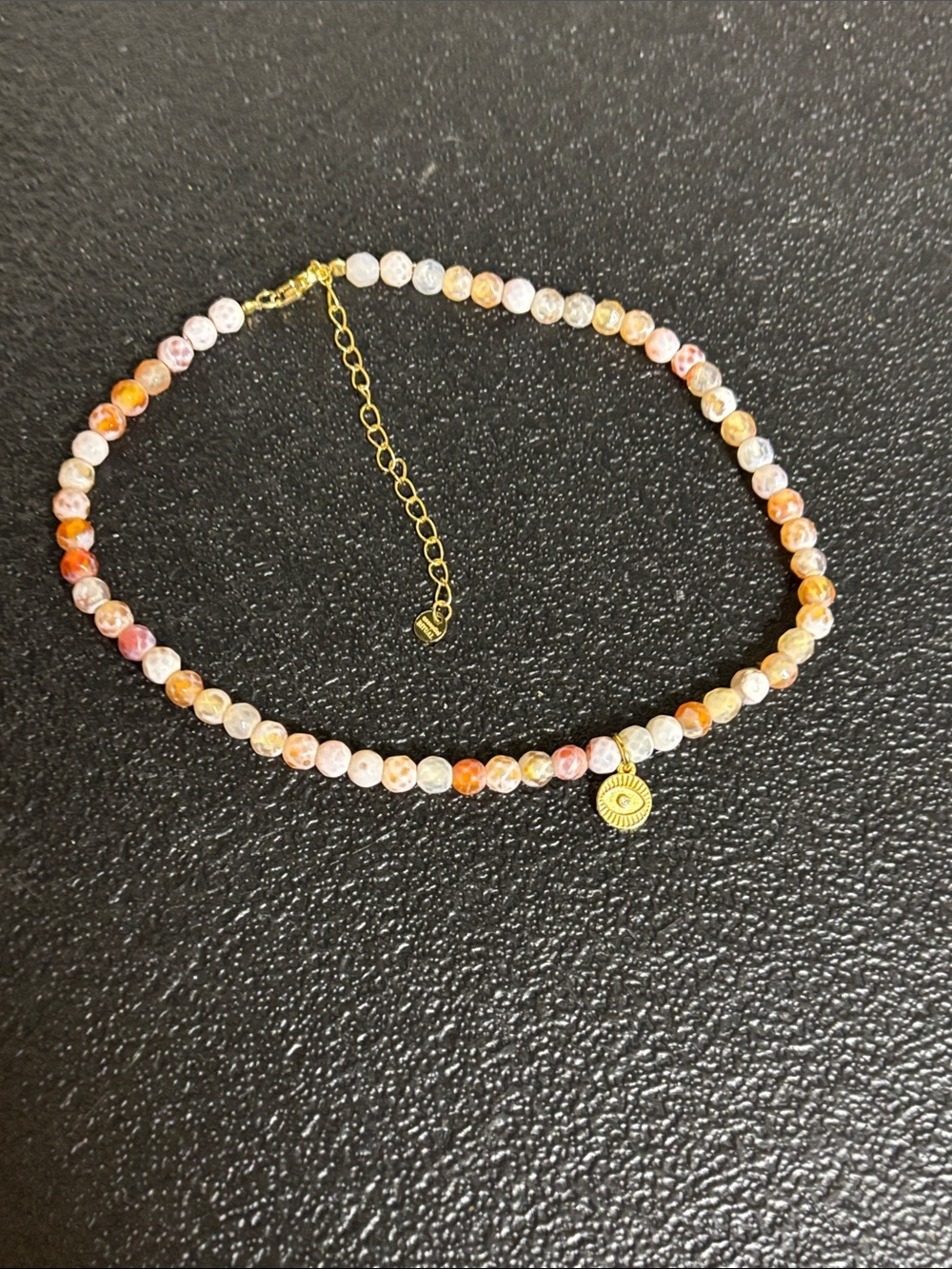 Essential Ritual Evil Eye Dainty Gold Charm Beaded Boho Anklet Peach Cream